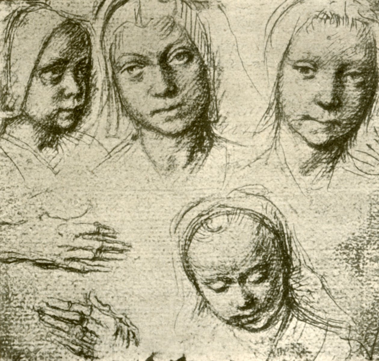 Nuoren tytön neljä päätä ja kaksi kättä, c1500-1505, 1908. tekijältä Gerard David