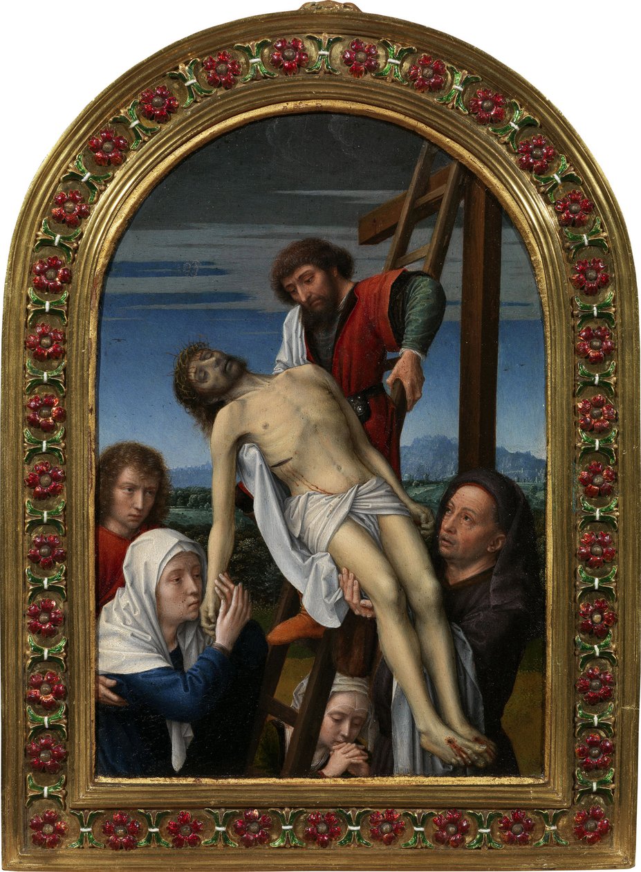 Laskeutuminen ristiltä (Josef Arimathealainen, Nikodemus, apostoli Johannes, Maria Magdaleena, Neitsyt ja kuollut Kristus) - David, Gerard (n. 1460-1523) Laskeutuminen ristiltä. Öljy puulle, koko: 20x14, 1500 jälkeen, Galleria degli Uffizi, Firenze tekijältä Gerard David