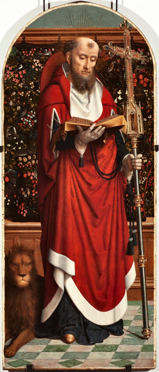 Pyhän Hieromuksen polyptyykkitaulu San Gerolamo della Cervaran kirkosta - Gerard Davidin maalaus (n. 1460-1523) 1506 Koko 65x150 cm Genes Musei di Strada Nuova (ex Palazzo Bianco) Italia tekijältä Gerard David