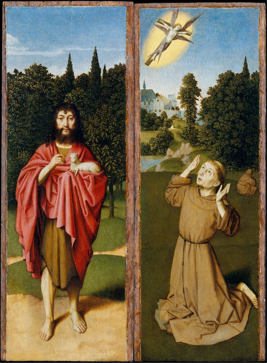 Pyhä Johannes Kastaja, Pyhä Franciscus vastaanottamassa Stigmataa, n. 1485-90. tekijältä Gerard David
