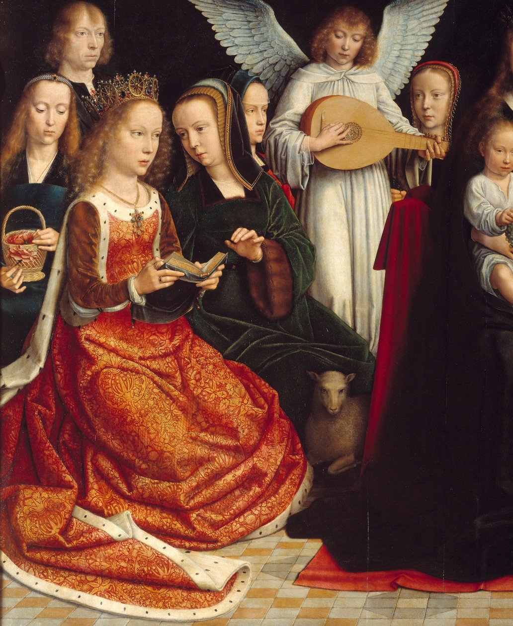 Neitsyt pyhien joukossa. Yksityiskohta Saintesista: Saint Dorothee, Saint Catherine, Saint Agnes, Saint Fausta. Gerard Davidin (1460-1523) maalaus Ec. Liekki. tekijältä Gerard David