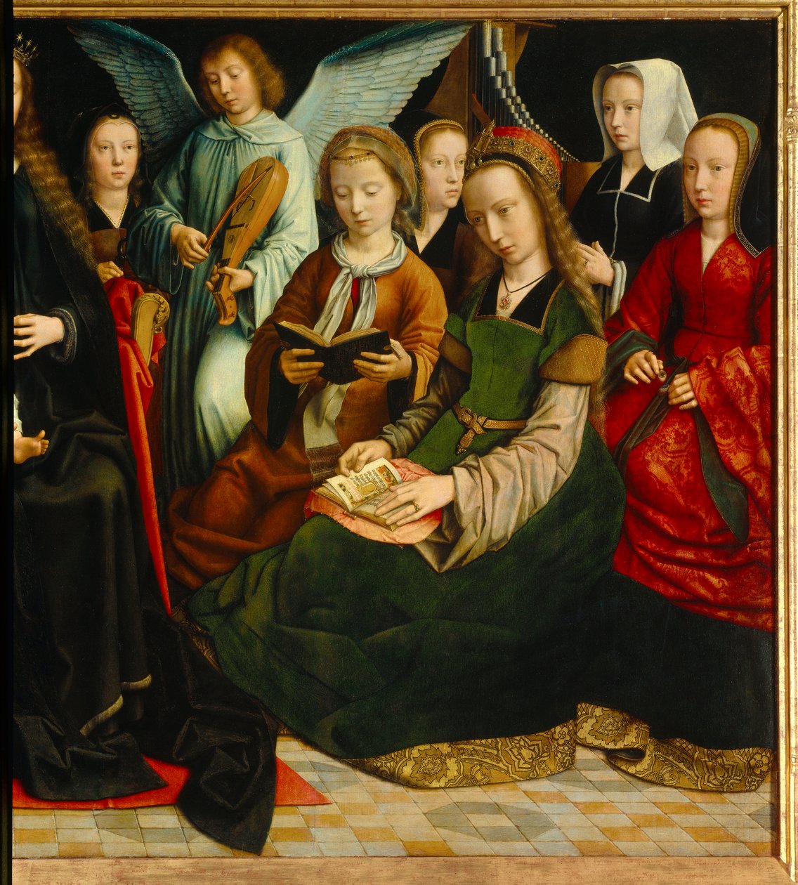 Neitsyt pyhien joukossa. Saintesin yksityiskohta: Saint Apolline (tai Apollonia), Saint Godeline, Saint Cecile, Saint Barbe, Saint Lucia. Gerard Davidin (1460-1523) maalaus tekijältä Gerard David