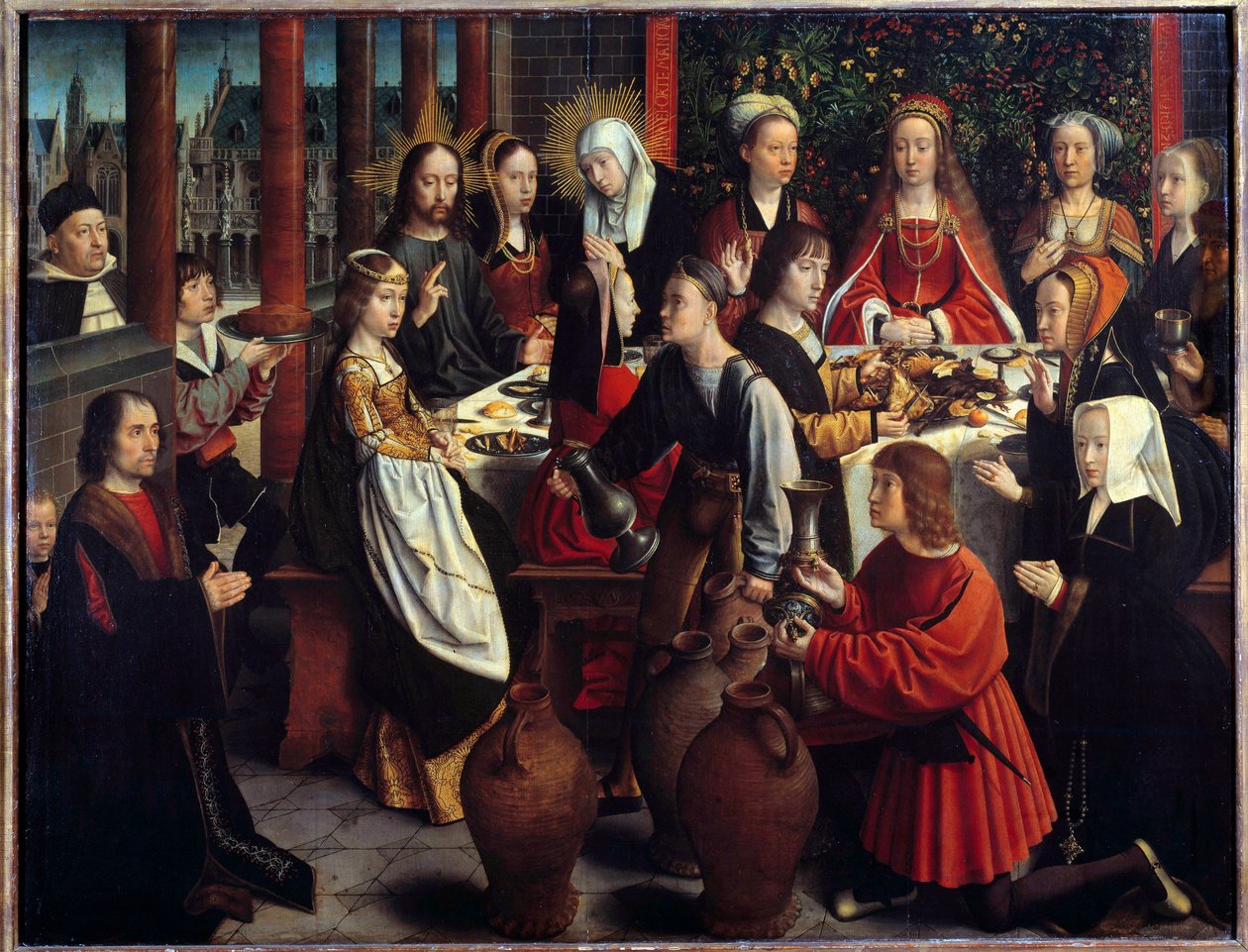 Kaanan häät Veden ihme muuttuu viiniksi hääjuhlan aikana, johon Jeesus ja Maria ovat kutsuttuja. Gerard Davidin (1460-1523) maalaus Sun. 1x1,28 m tekijältä Gerard David