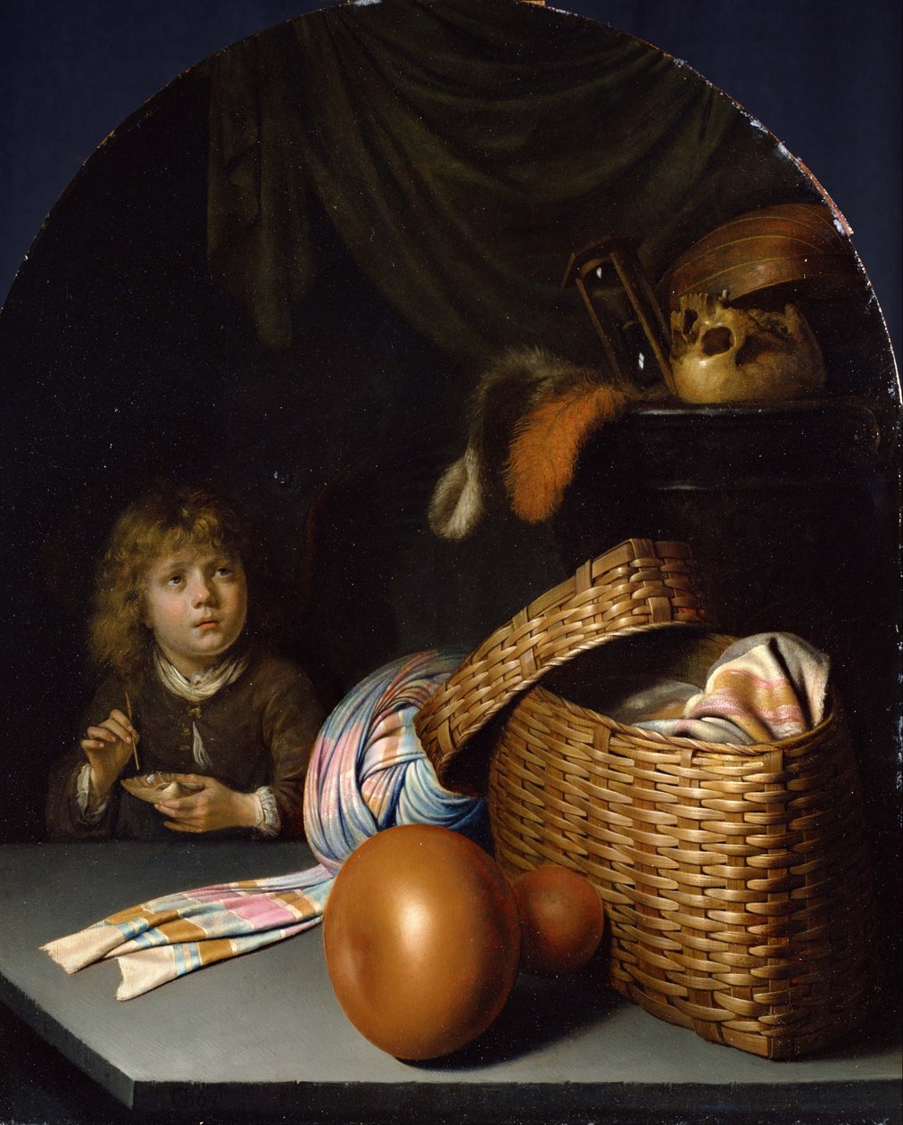 Asetelma pojan kanssa puhaltaa saippuakuplia, c. 1635 tekijältä Gerrit Dou