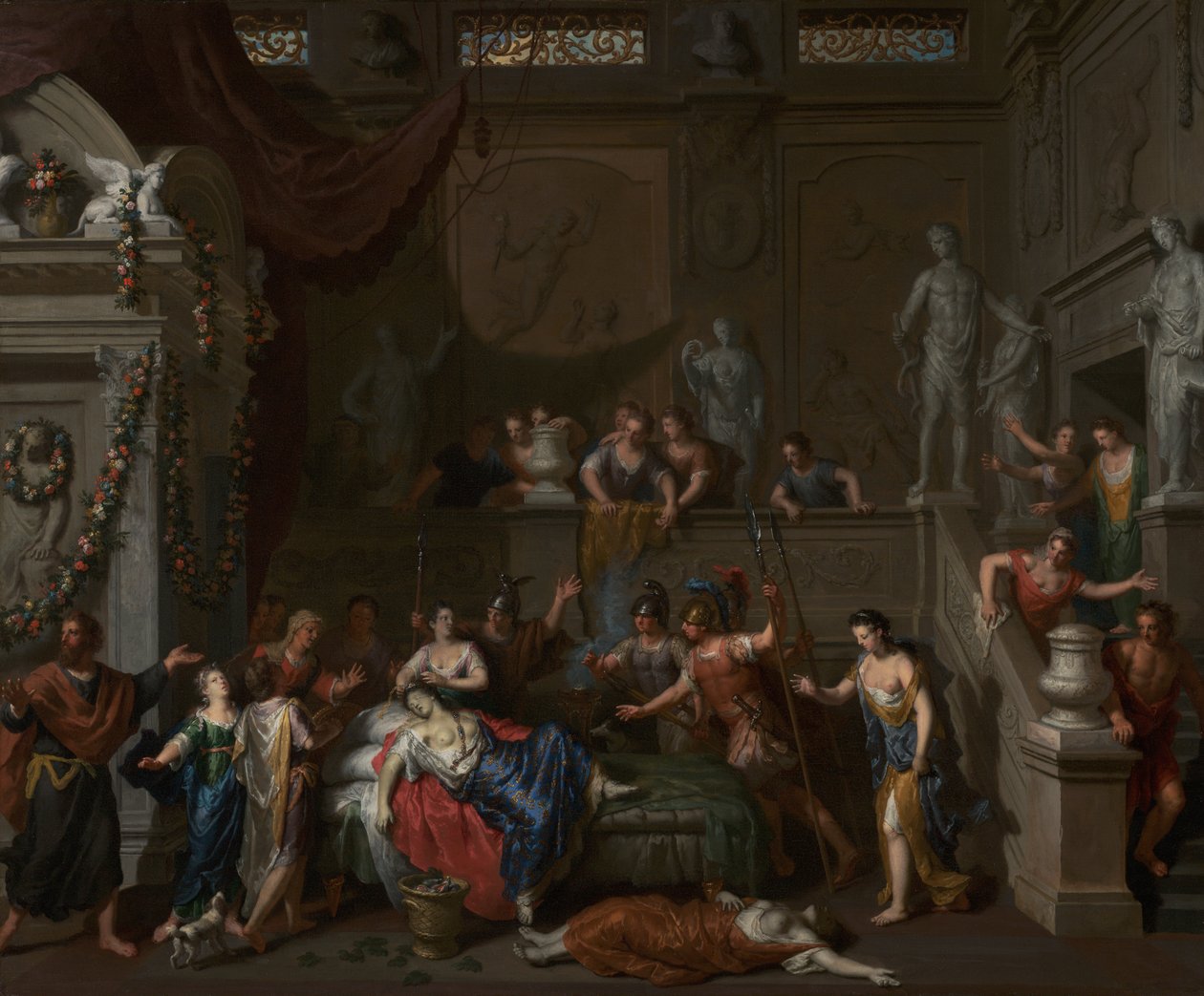 Kleopatran kuolema, n. 1700-1710 (öljy kankaalle) tekijältä Gerard Hoet