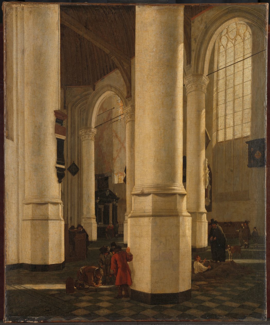 Delftin Oude Kerkin sisätilat vara-amiraali Pieter Pietersz Heijnin haudalla tekijältä Gerard Houckgeest (attributed to)