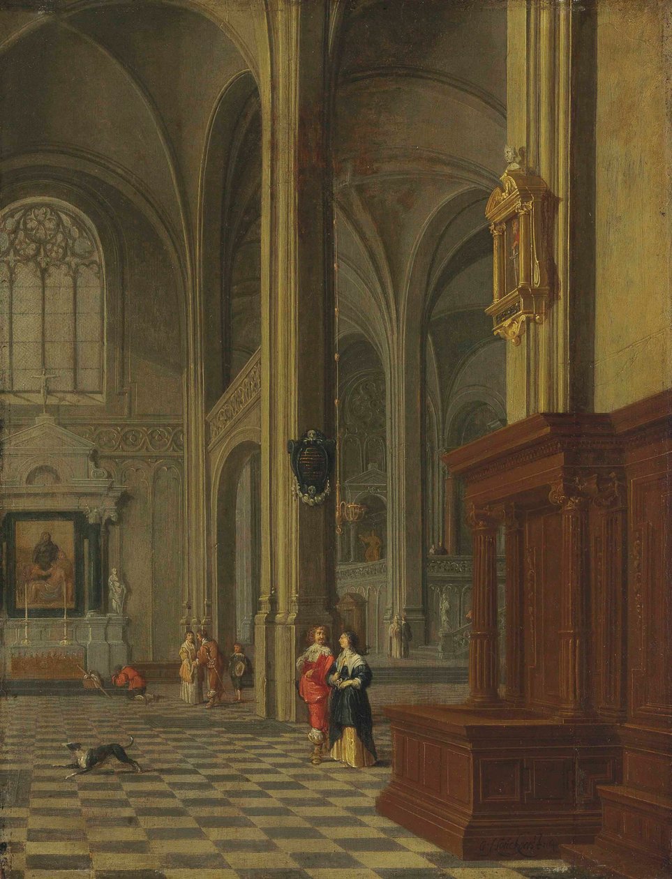 Saksa: Inneres einer Kirche Goottilainen kirkon sisustus, jossa on tyylikkäitä hahmoja. tekijältä Gerard Houckgeest