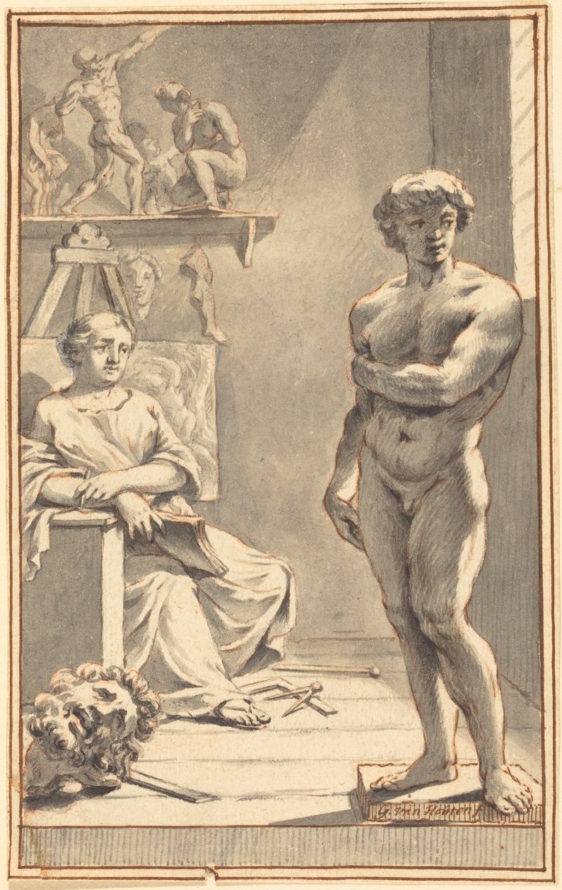 Allegory of Sculpture (punaliitu, tussi ja ruskea muste sekä harmaa tussihuuhtelu liimapaperille). tekijältä Gerard Houten