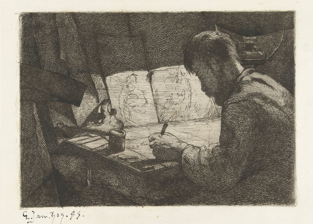 Omakuva piirustuspöydän takana tekijältä Gerard Jan Bos (signed by artist)