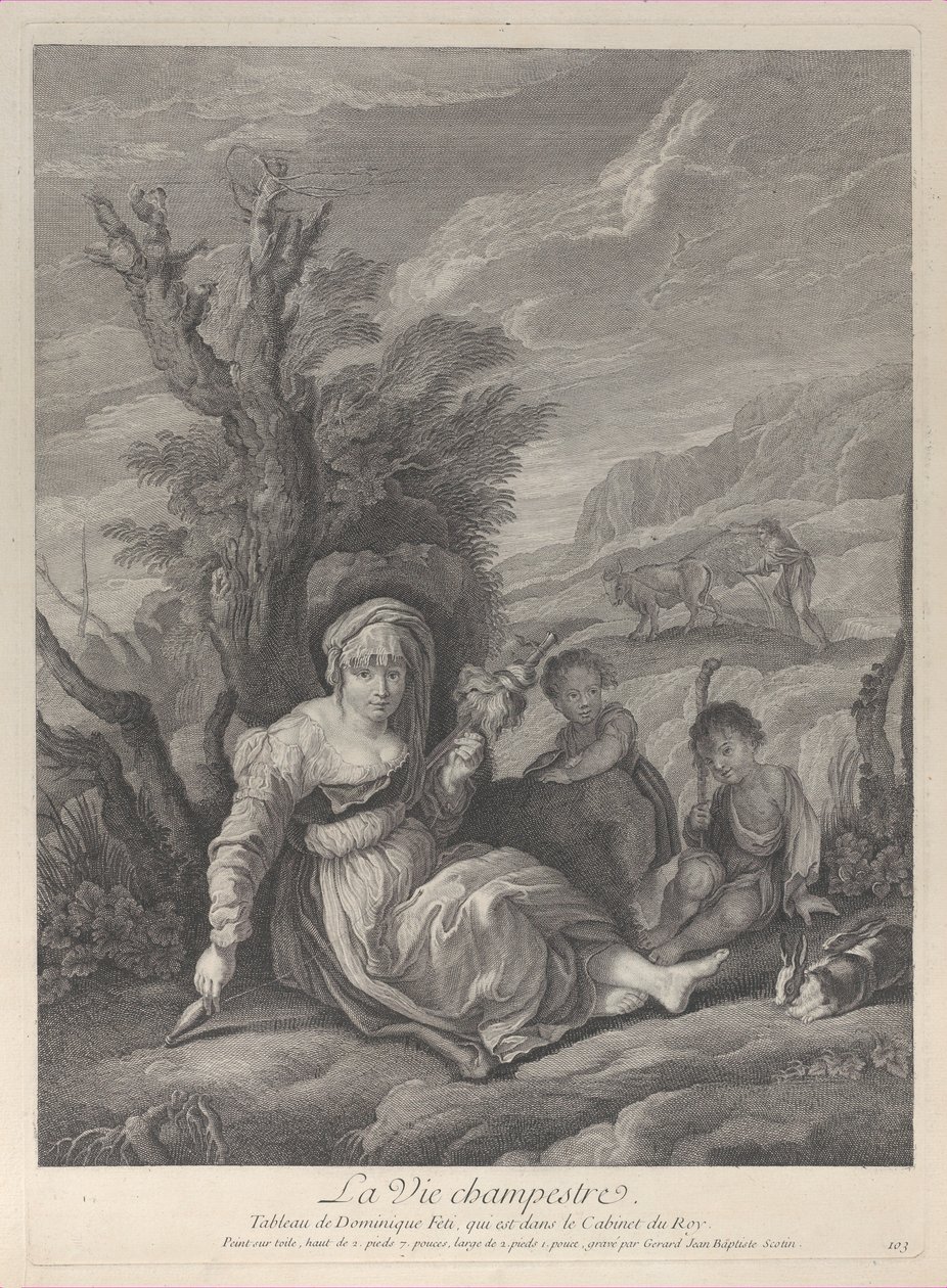 Maalaisnainen istumassa maisemassa, kaksi poikaa kyljellään, 1729-40. tekijältä Gerard Jean Baptiste Scotin