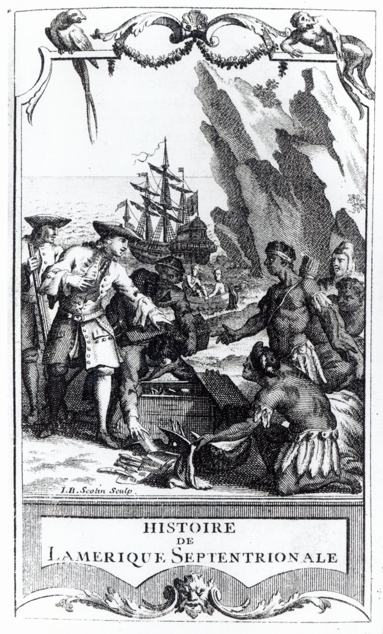 Bacqueville de La Potherien (1663-1736) Histoire de lAmerique septentrionalen etukappale, julkaistu vuonna 1753 (bw-kuva) tekijältä Gerard Jean Baptiste Scotin
