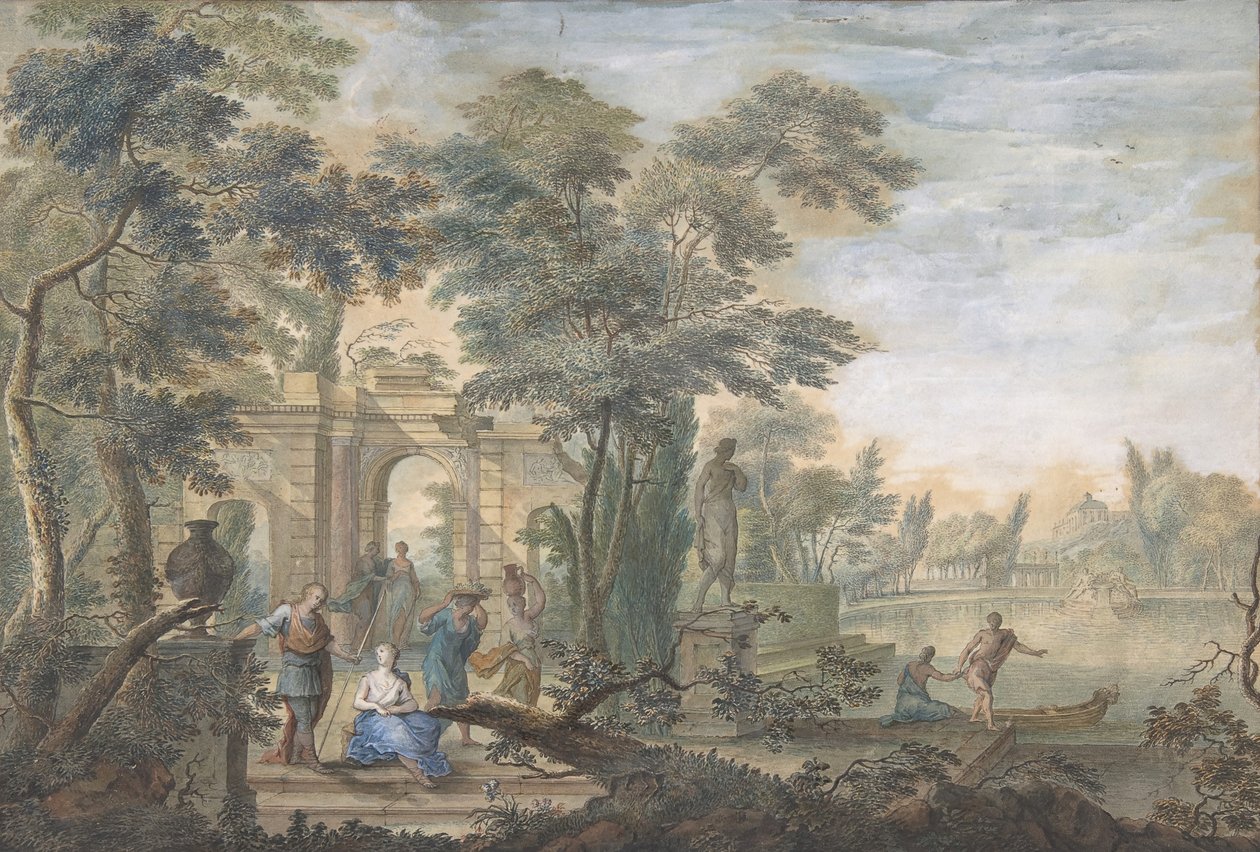 Arkadiaaninen maisema, jossa on useita hahmoja ja Dianan patsas, 1700-luku. tekijältä Gerard Melder