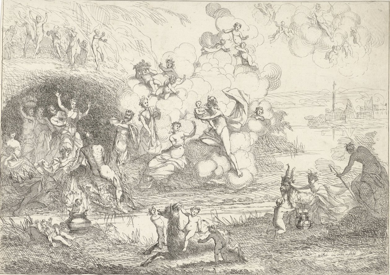 Merkurius antaa Bacchuksen nymfeille The Lives of the Bacchantes (sarjan nimi) tekijältä Gerard Melder
