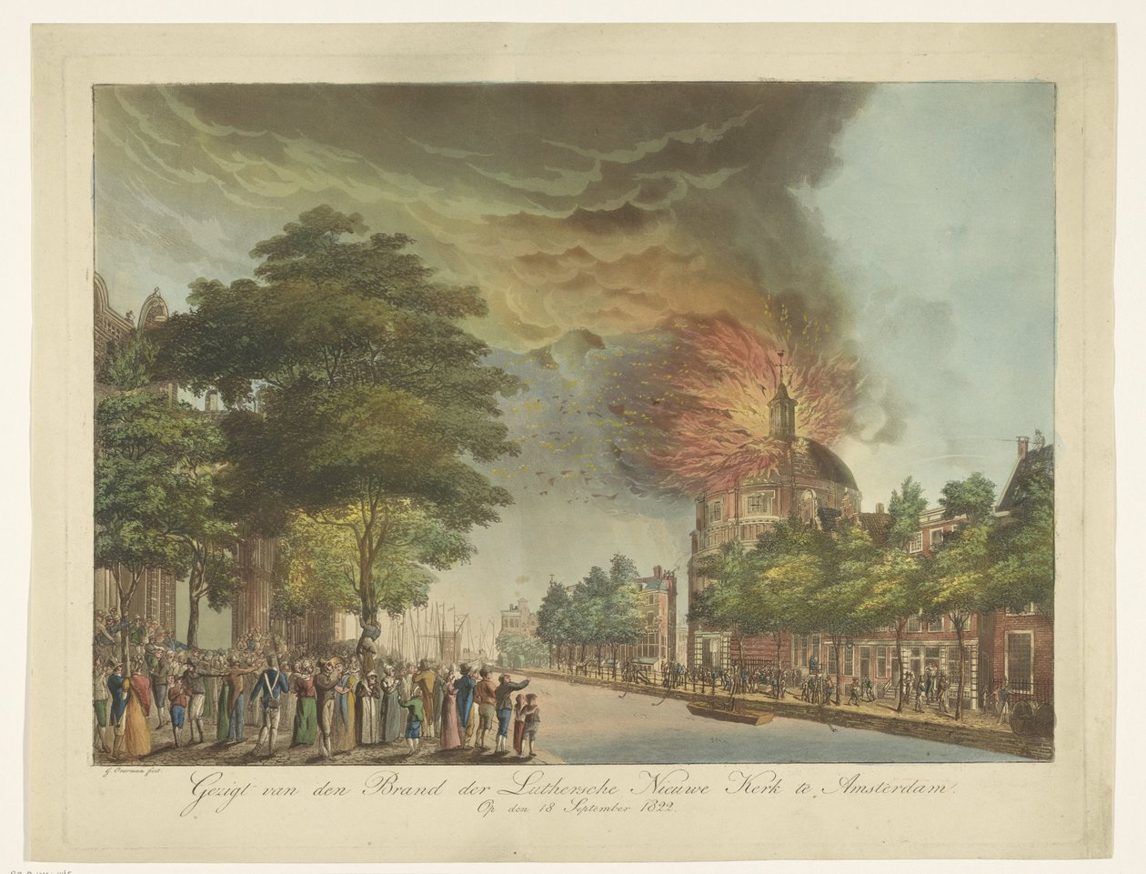 Tuli Uudessa luterilaisessa kirkossa Singelissä Amsterdamissa 18.9.1822 Näkymä Amsterdamin luterilaisen uuden kirkon brändille (otsikko esineessä) tekijältä Gerard Overman