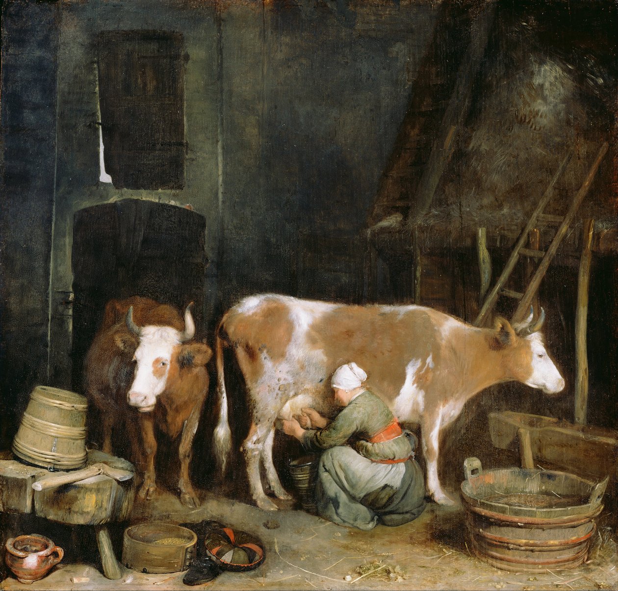 Piika lypsämässä lehmää navetassa, 1652-1654 tekijältä Gerard Ter Borch the Younger