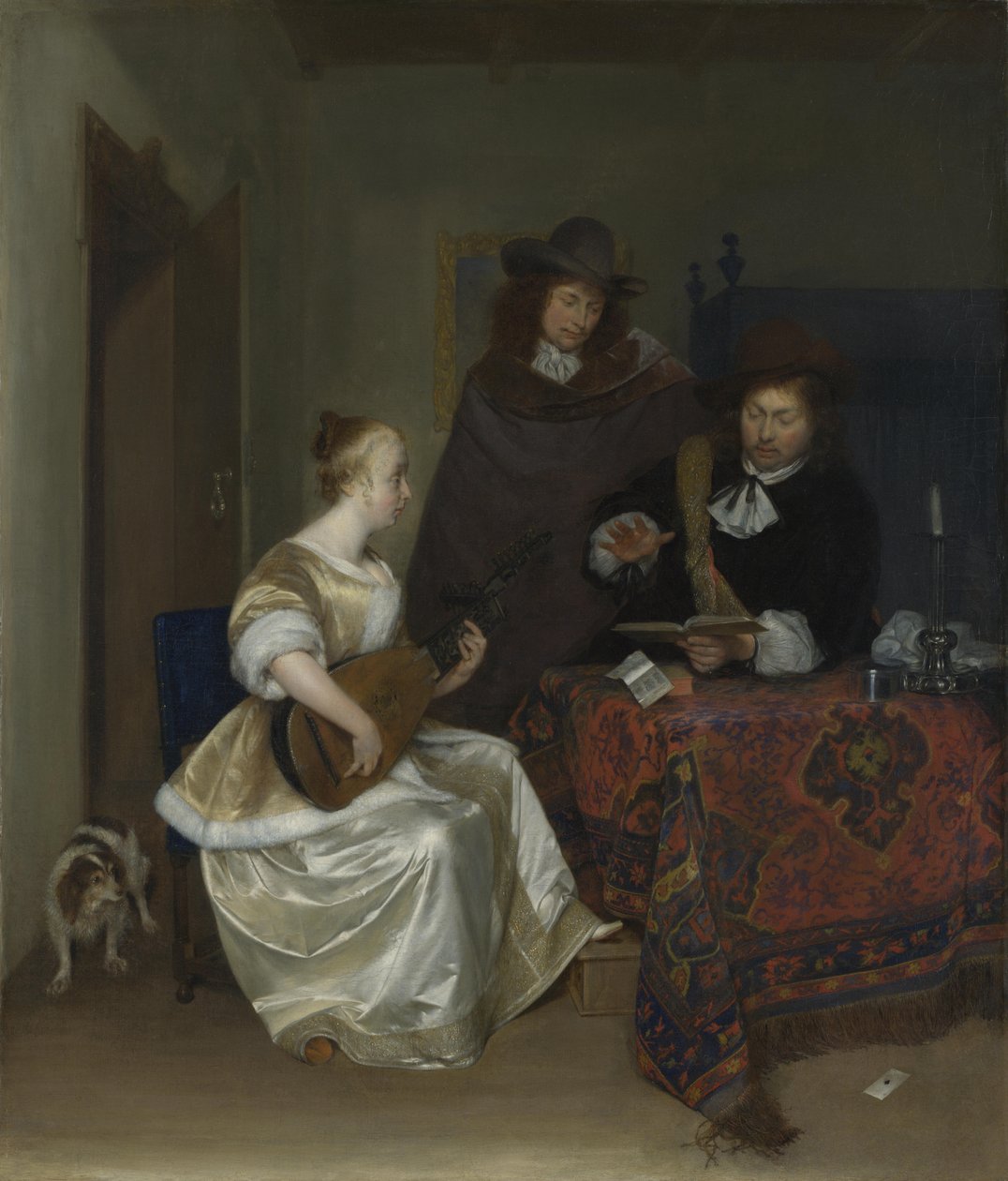 Theorboa soittava nainen kahdelle miehelle, noin 1668 tekijältä Gerard Ter Borch the Younger