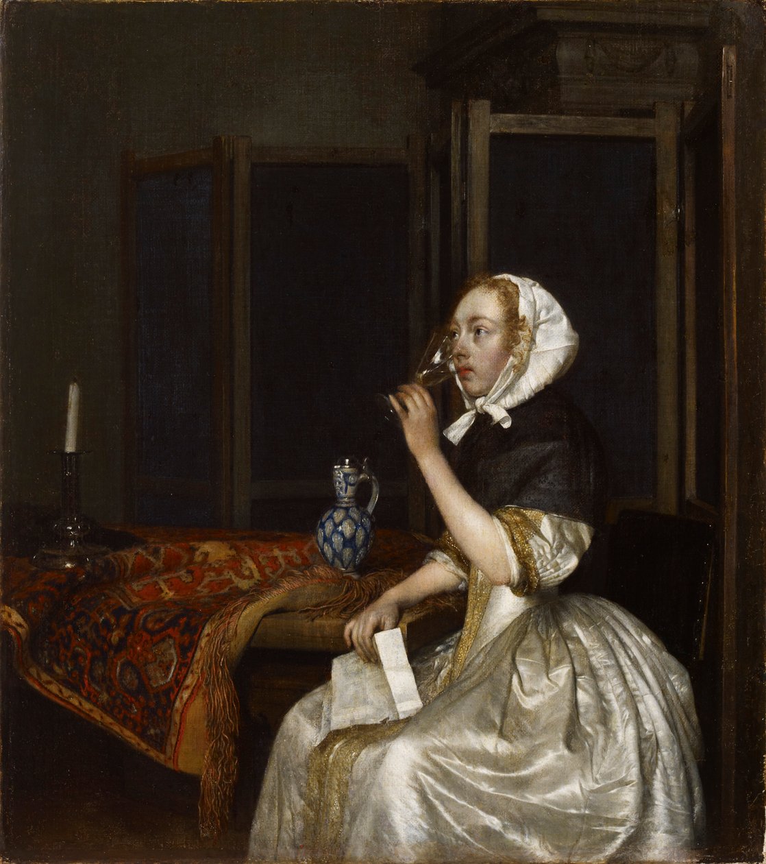 Lady pitelee viinilasia, noin 1665. tekijältä Gerard Ter Borch the Younger