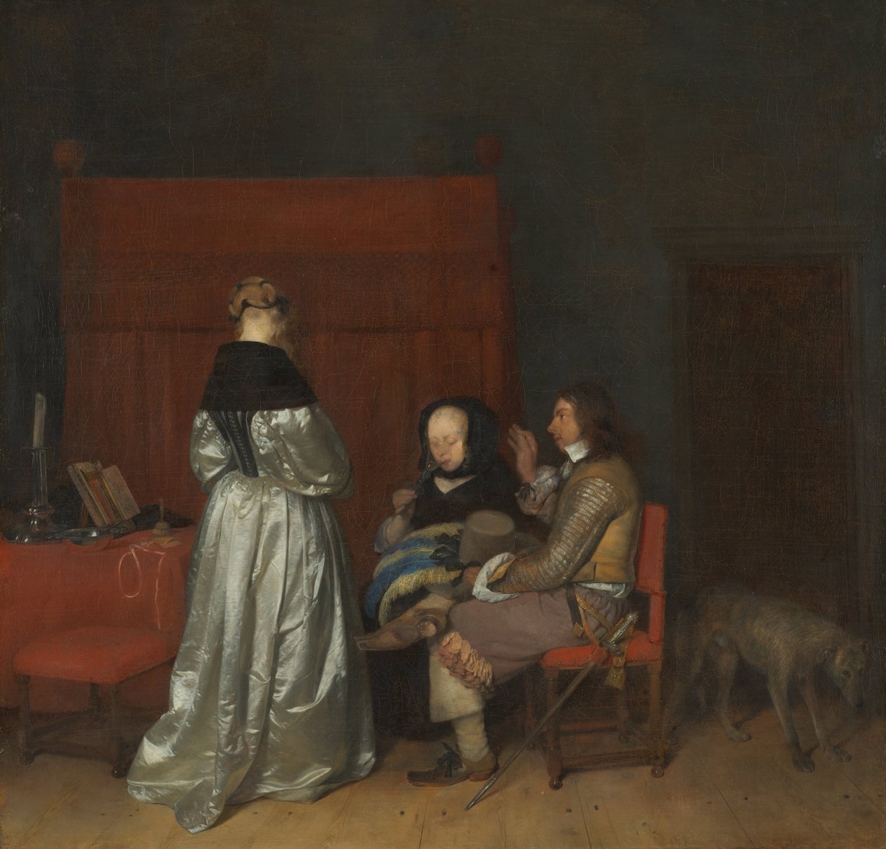 Kolme hahmoa keskustelemassa sisätiloissa Isän kehotus, n. 1654 tekijältä Gerard Ter Borch the Younger