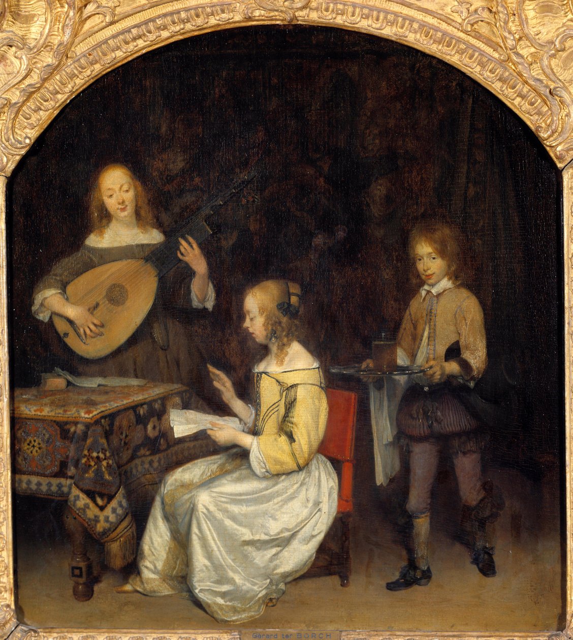 Konsertti: Luth Theorben laulaja ja pelaaja. Gerard Ter Borchin (1617-1681) maalaus, hollantilainen koulu tekijältä Gerard ter Borch