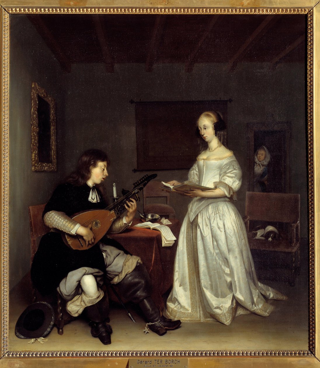 Duo; laulaja ja luutun soittaja theorbo. Hollantilaisen Gerard Ter Borchin (1617-1681) maalaus tekijältä Gerard ter Borch