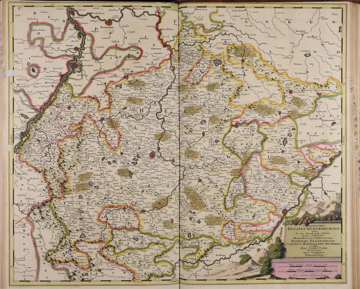 Chorographia ducatus Wurtenburgici quem ab una alteraque parte includunt quique ei includuntur marchionatus praepositura Badensis Elwangensis comitatus Hohenzolern Rechberg et affine almae civitatis Ulmae territorium tekijältä Gerard Valck