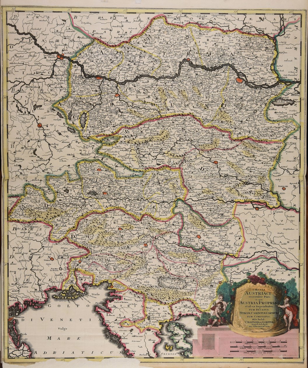 Circuli Austriaci orientalior pars in qua Austria propria et ab ea dependentes tum ducatus Stiriae, Carintiae, Carniolae tum comitatus hisce inclusi Cillensis et Goritiae singuli subdivisi. tekijältä Gerard Valck