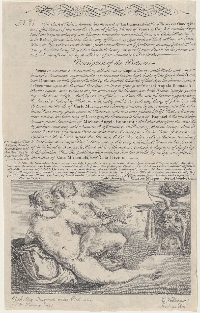 Arpalippu Venuksen ja Amorin maalaamiseen Michelangelon jälkeen, 1734. tekijältä Gerard Vandergucht