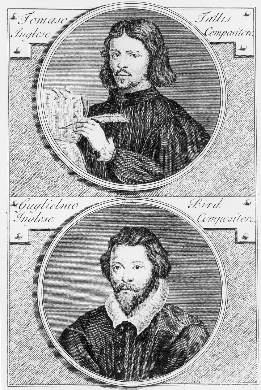 Thomas Tallis (n. 1505-85) ja William Byrd (1543-1623), kaiverrus Niccolo Francesco Haym (168889-n. 1729) tekijältä Gerard Vandergucht