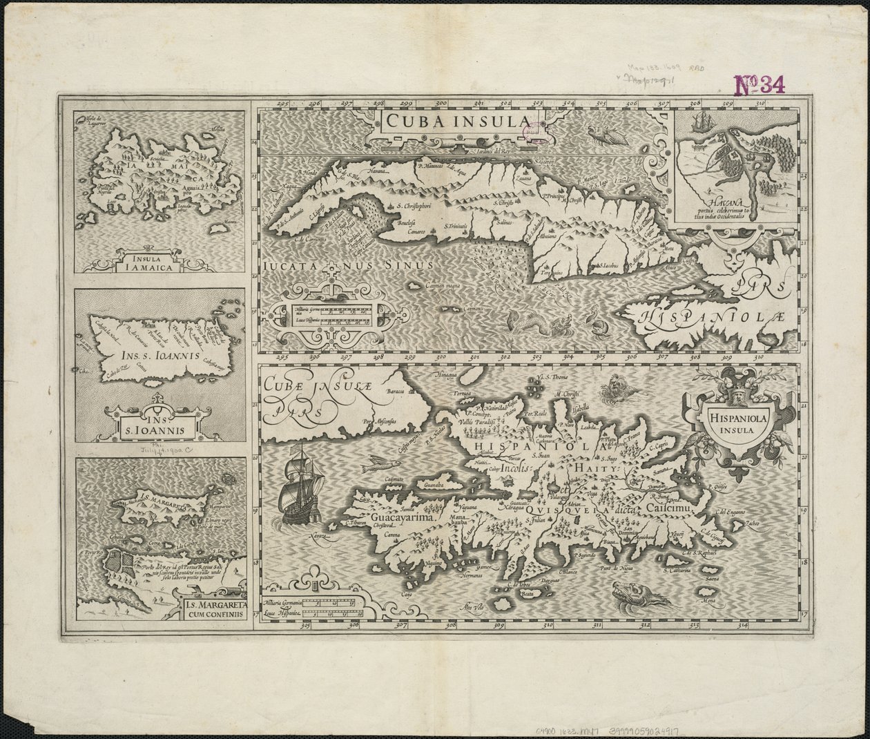 Kuuba Insula ; Hispaniola Insula, kaiverrus Hendrik Hondius, 1633 tekijältä Gerard after Mercator