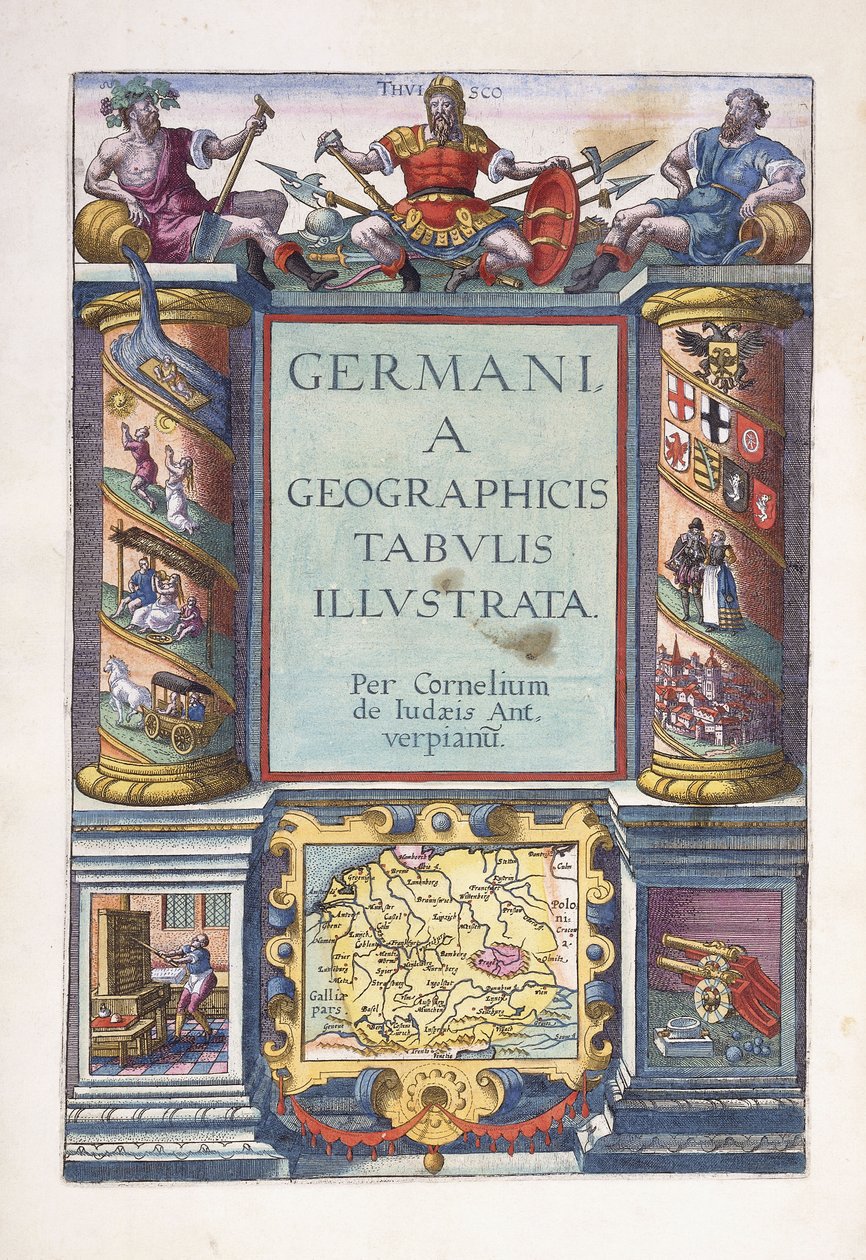 Otsikkosivu osaan 2, "Germanian maantieteelliset kartat kuvitettu", 1593 tekijältä Gerard de Jode
