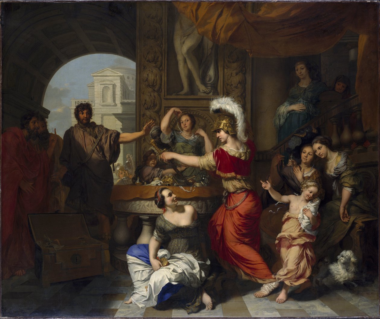 Achille decouvert parmi les filles de Lycomede a Skyros - Achilles Löysi Ulysses Lycomeden tyttärien joukosta Skyrosissa, Lairesse, Gerard, de (1640-1711). Öljy kankaalle. Mitat: 150,5x181 cm. Tukholman kansallismuseo tekijältä Gerard de Lairesse
