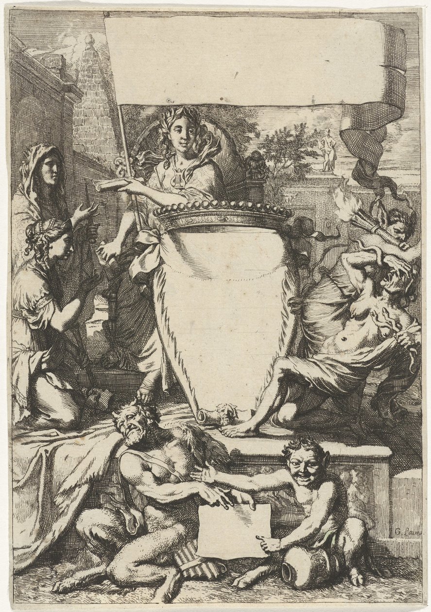 Cartouche allegoristen hahmojen ympäröimänä tekijältä Gerard de Lairesse