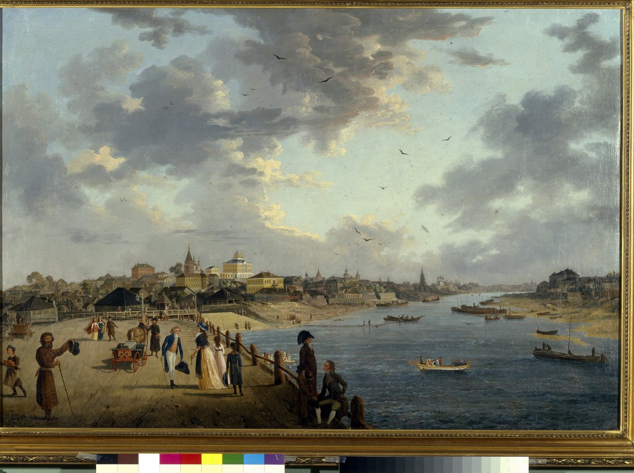 Yaouza-joki Moskovassa. (Yauza-joki Moskovassa). Näkymä kaupunkiin ja kuvaus Moskovan sivujoen rannoilta. Gerard de la Barthen maalaus (toiminut 1787-1810), öljy kankaalle, noin 1790. Ranskalainen taide tekijältä Gerard de la Barthe