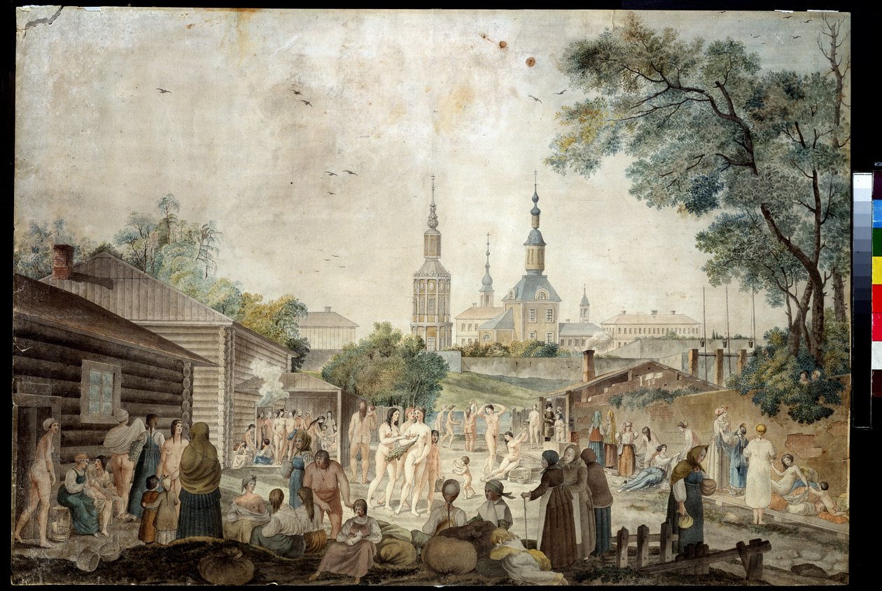 Lämpöhoito (Sauna) Moskovassa (hoitokylpy Moskovassa). Gerard de la Barthen maalaus (toimii vuosina 1787-1810). Akvarelli paperille, 45,7 x 66,7 cm, noin 1790. 1700-luvun ranskalaista taidetta. Yksityiskokoelmien museo paikassa A. Pushkin Museum of Fine A tekijältä Gerard de la Barthe