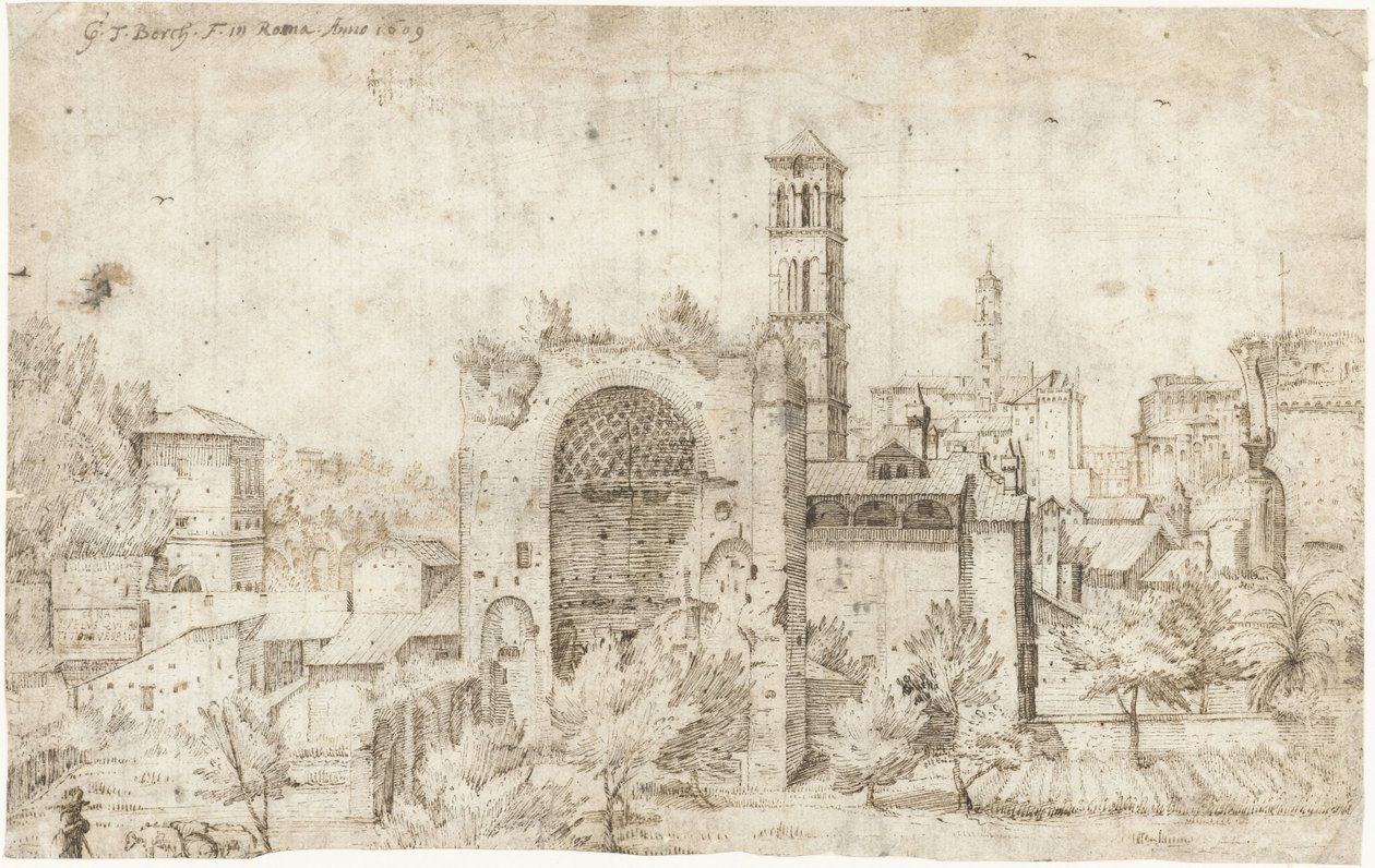 Näkymä Venuksen ja Rooman temppelin apsisista ja S. Maria Novan luostarista Roomassa tekijältä Gerard ter Borch