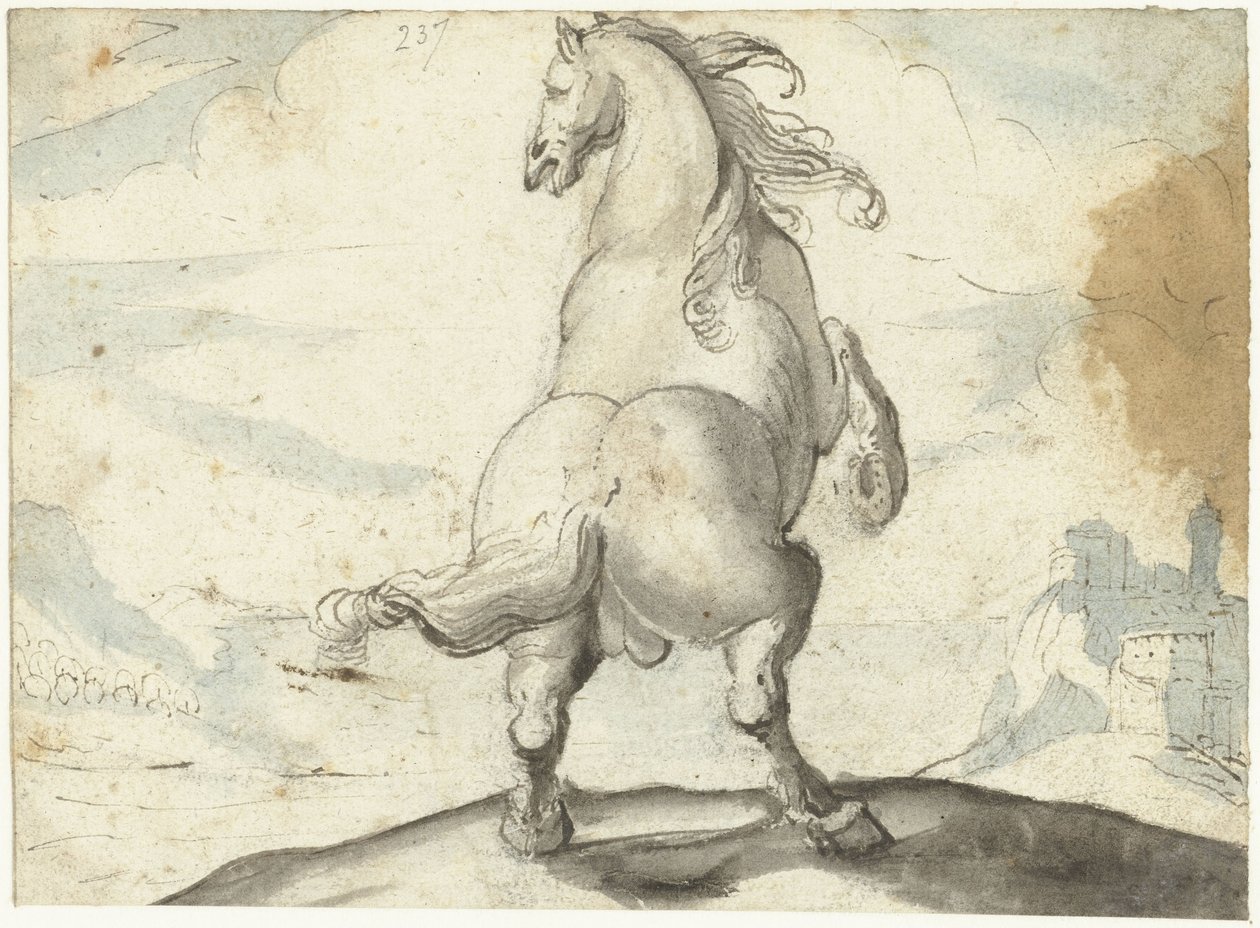 Kasvattava hevosta italialaisen satamanäkymän edessä tekijältä Gerard ter Borch (I)