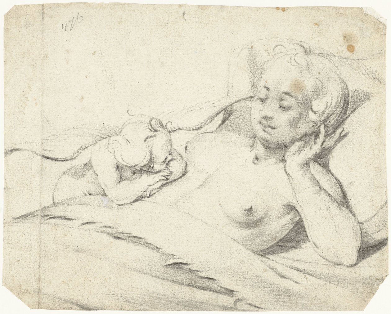 Venus sängyssä katsomassa Cupidia tekijältä Gerard ter Borch (I)