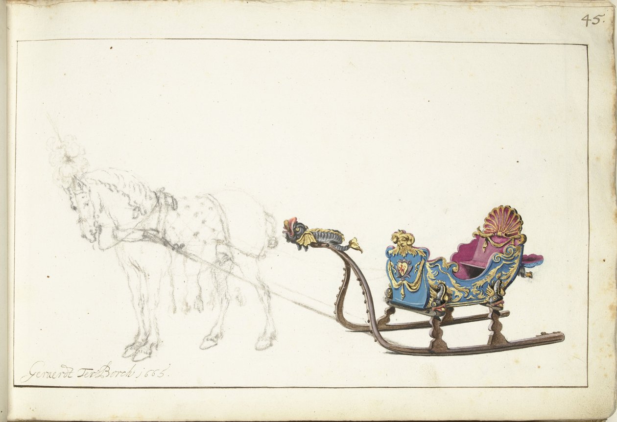 Hevonen ja kelkka tekijältä Gerard ter Borch (II) (signed by artist)