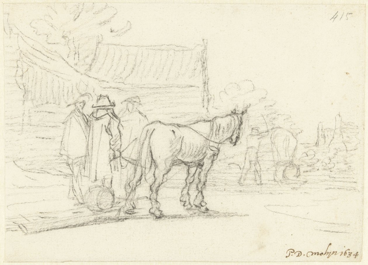 Kolme miestä hevosen ja reen vieressä tekijältä Gerard ter Borch (II)