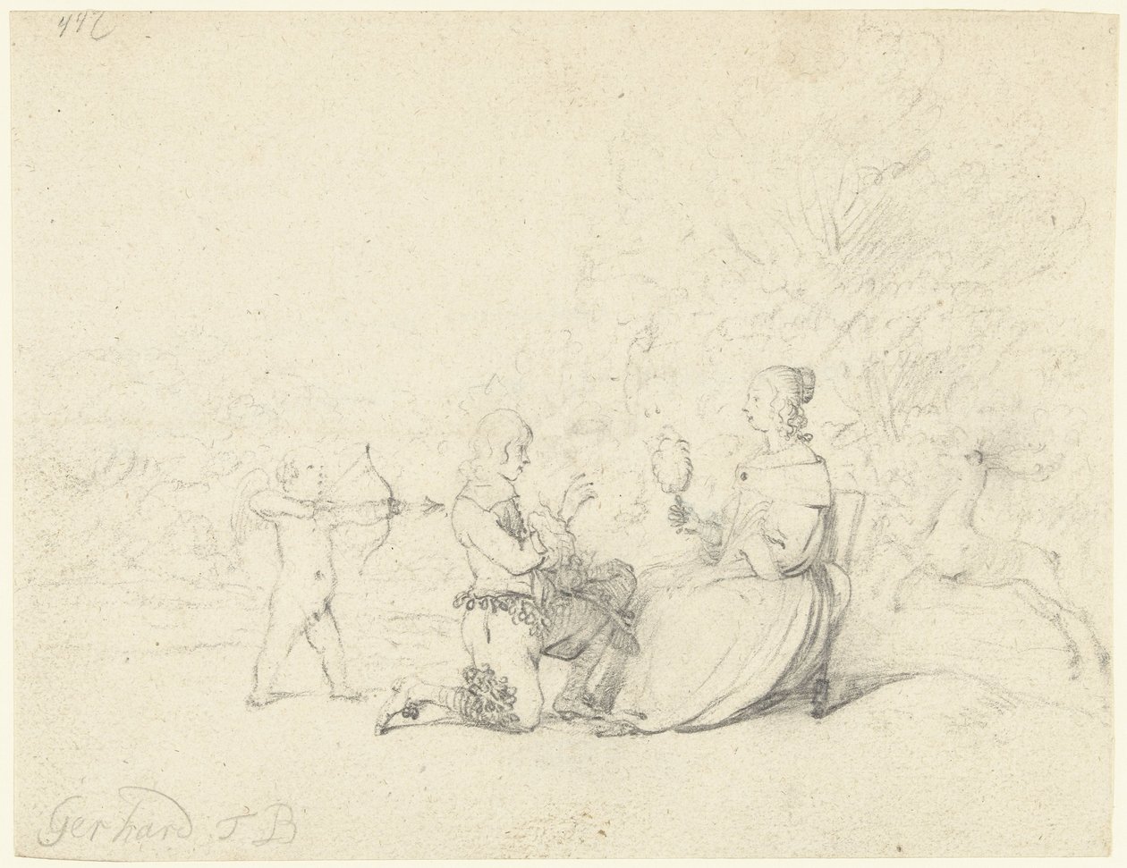 Herrasmies polvistumassa naisen edessä tekijältä Gerard ter Borch (II)