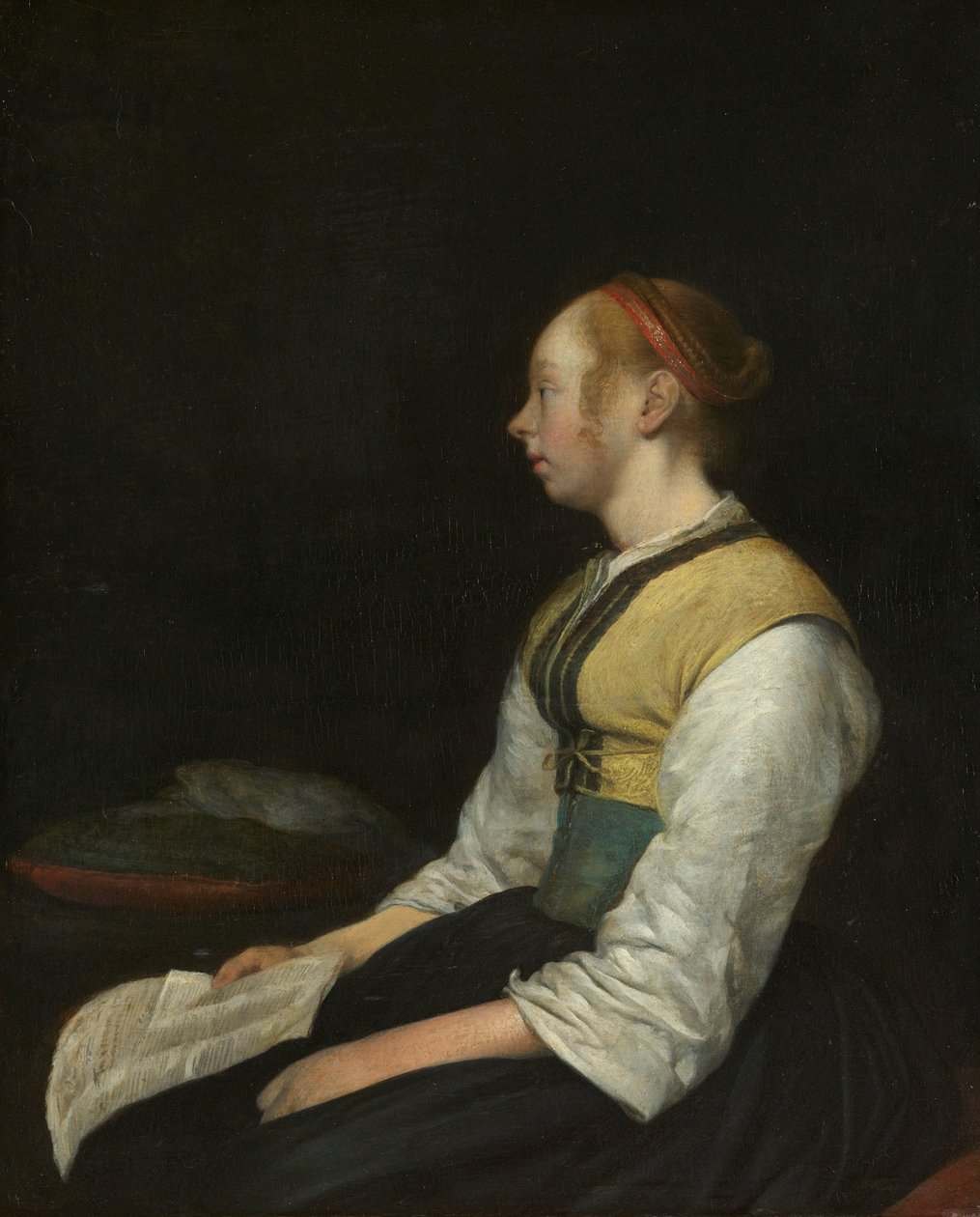 Istuva tyttö talonpoika-asussa Istuva tyttö talonpoika-asussa. Luultavasti Gesina (1631-1690), maalareiden sisarpuoli tekijältä Gerard ter Borch (II)