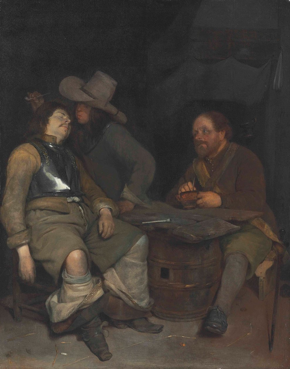 Vartiohuoneen sisätiloissa sotilas puhaltaa savua tekijältä Gerard ter Borch