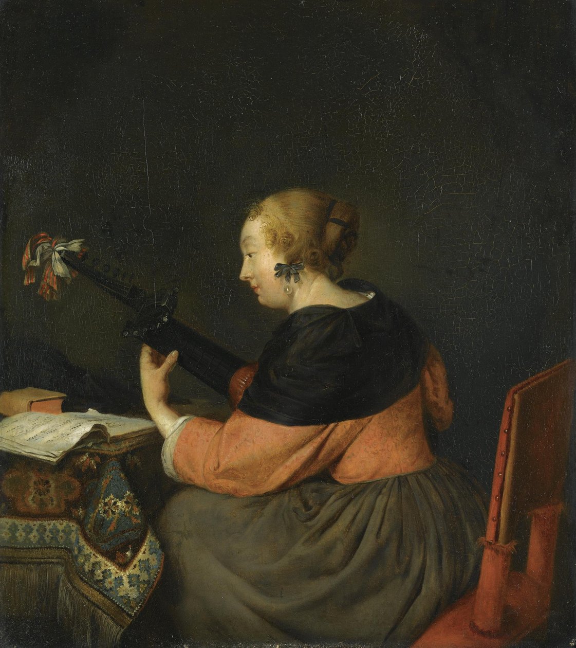 Nainen istuu ja soittaa luuttua tekijältä Gerard ter Borch