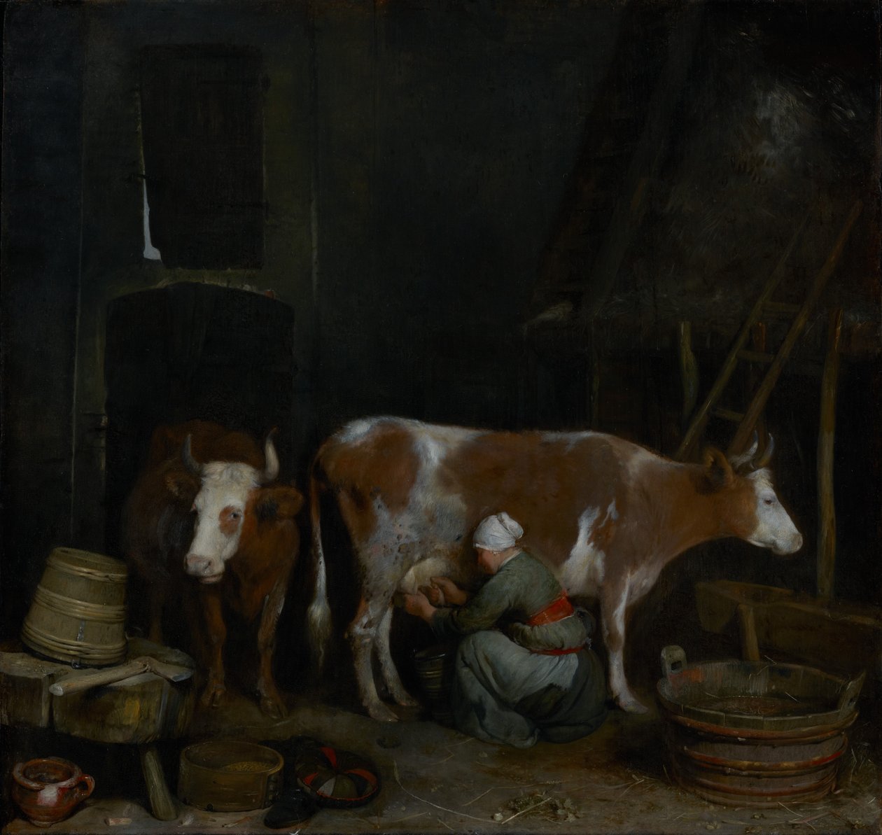 Palvelustyttö lypsää lehmää navetassa tekijältä Gerard ter Borch