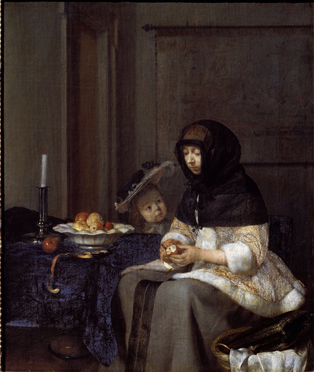 Äiti kuorimassa omenaa (öljy kankaalle tekijältä Gerard ter Borch
