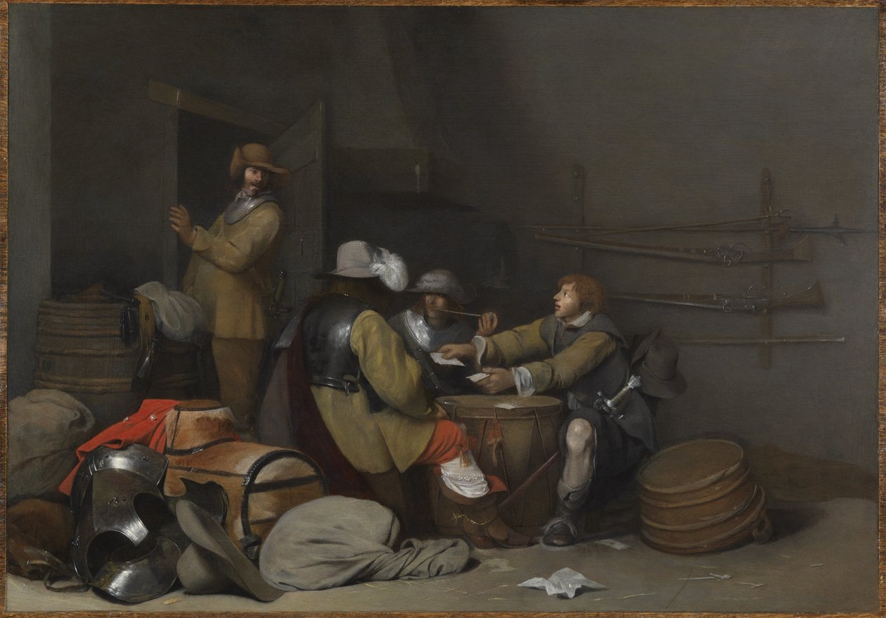Vartiohuoneen sisätilat, jossa sotilaat tupakoivat ja pelaavat korttia tekijältä Gerard ter Borch