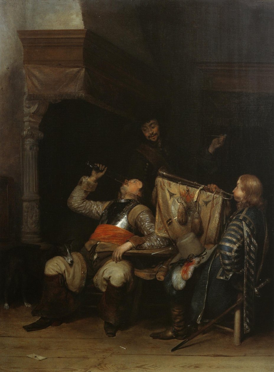 Sotilaat juovat, tupakoivat ja soittavat musiikkia sisätiloissa tekijältä Gerard ter Borch