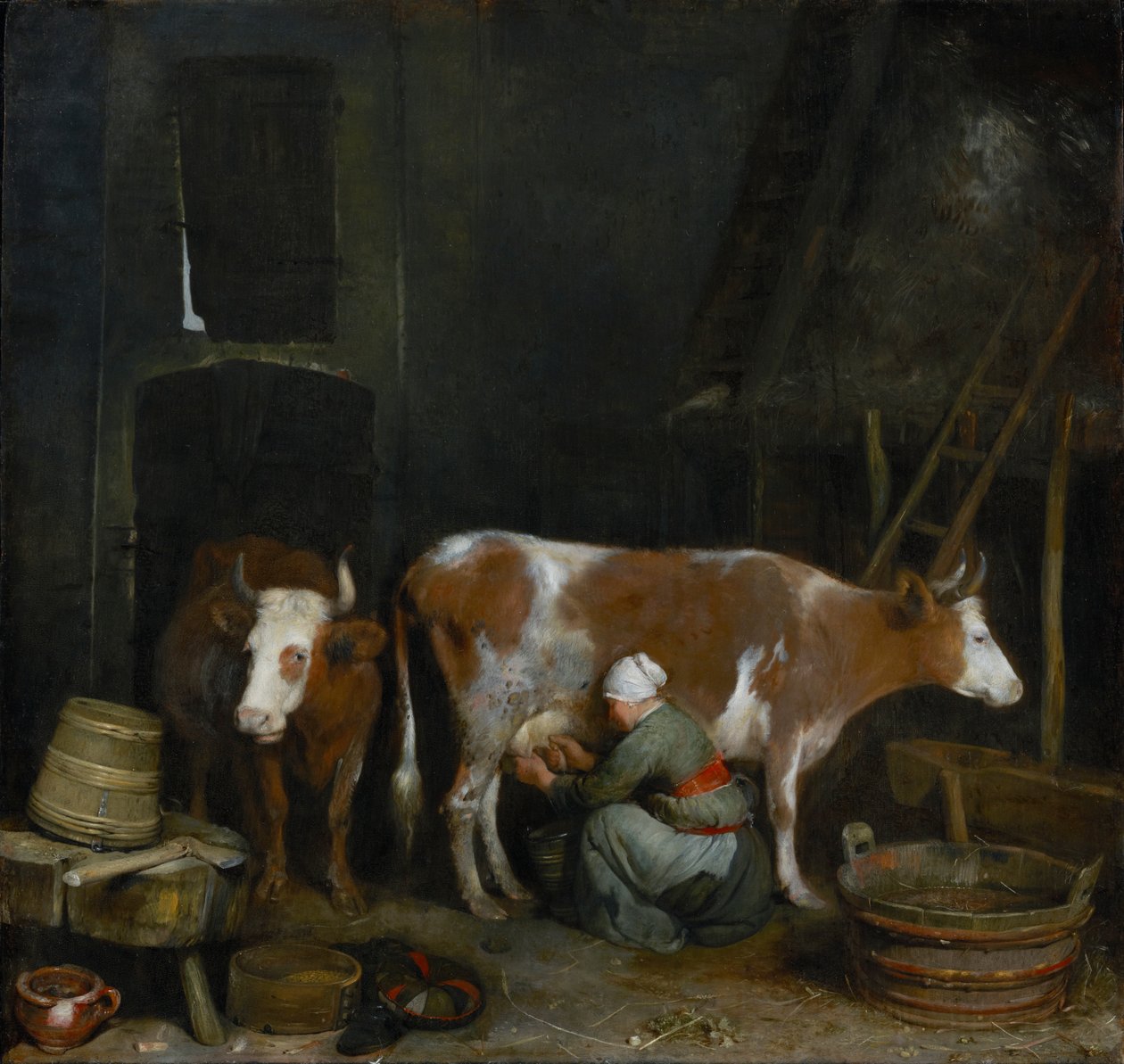 Lehmää lypsävä neito navetassa, noin 1652-54 (öljy paneelille). tekijältä Gerard ter Borch