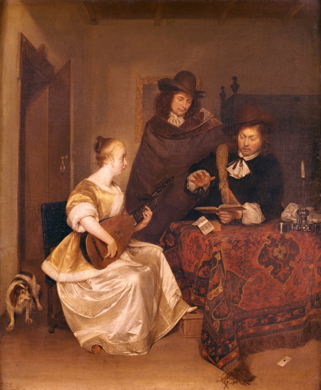 Nuori nainen soittamassa Theorboa kahdelle miehelle, 1667-68 tekijältä Gerard ter Borch