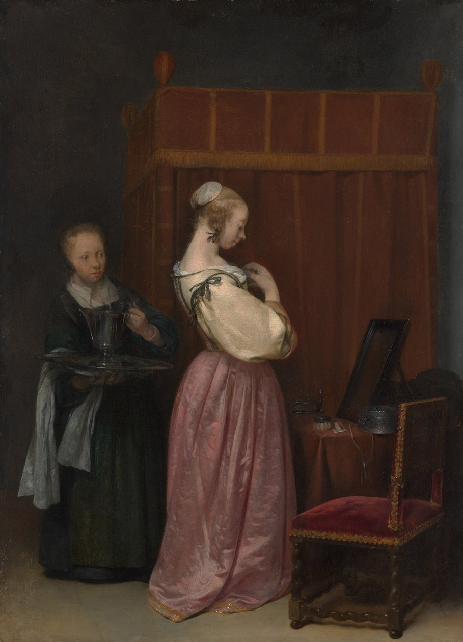 Nuori nainen vessassa piian kanssa, n.1650-51. tekijältä Gerard ter Borch